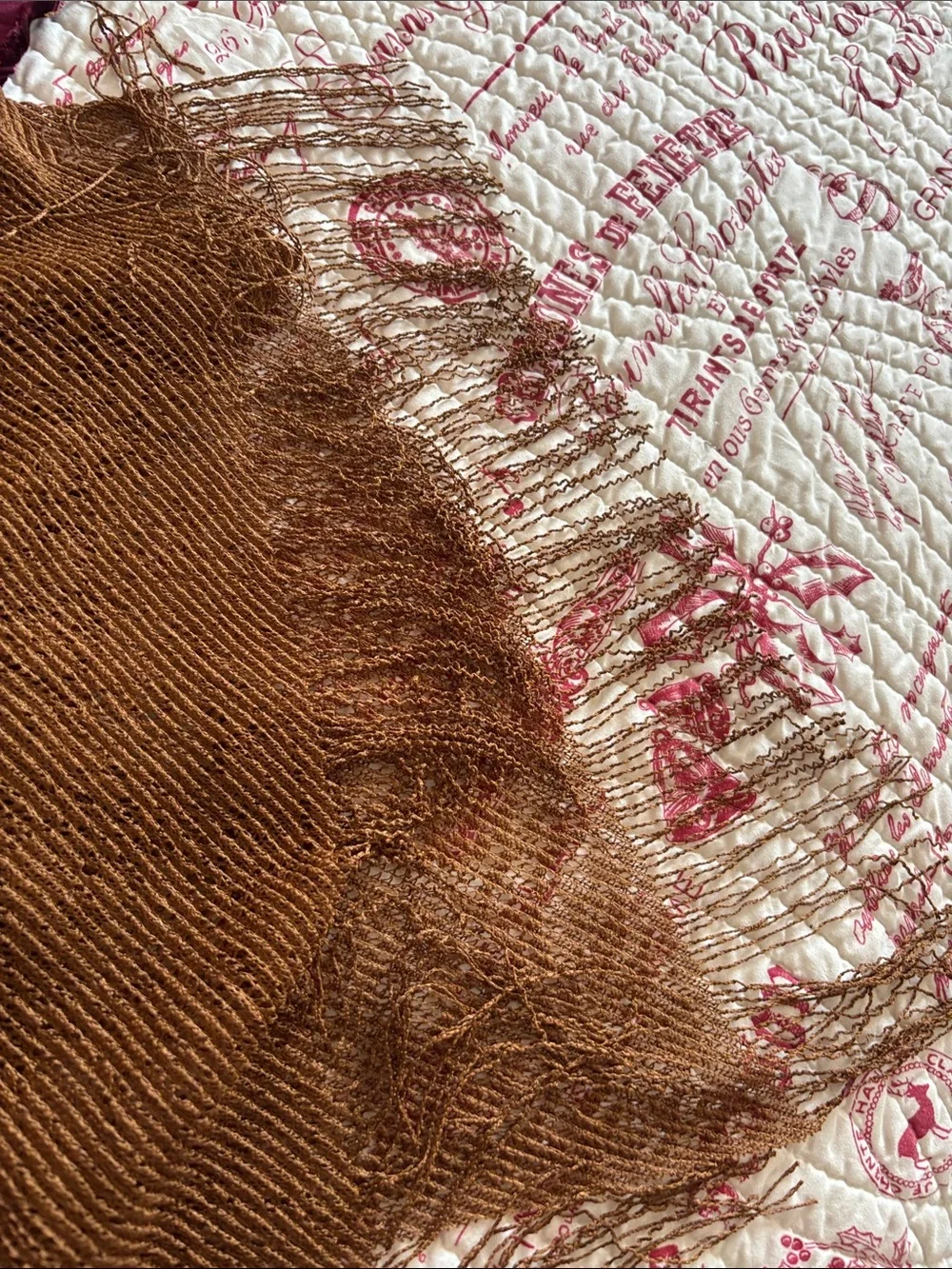 Vintage Wraps/Scarf Bundle: Burgundy Velvet Fringe/Feather & Copper Fringe Wrap